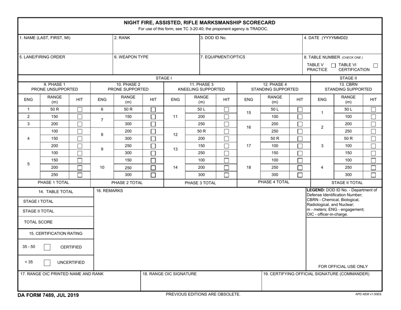 DA Form 7489 Night Fire, Assisted, Rifle Marksmanship Scorecard