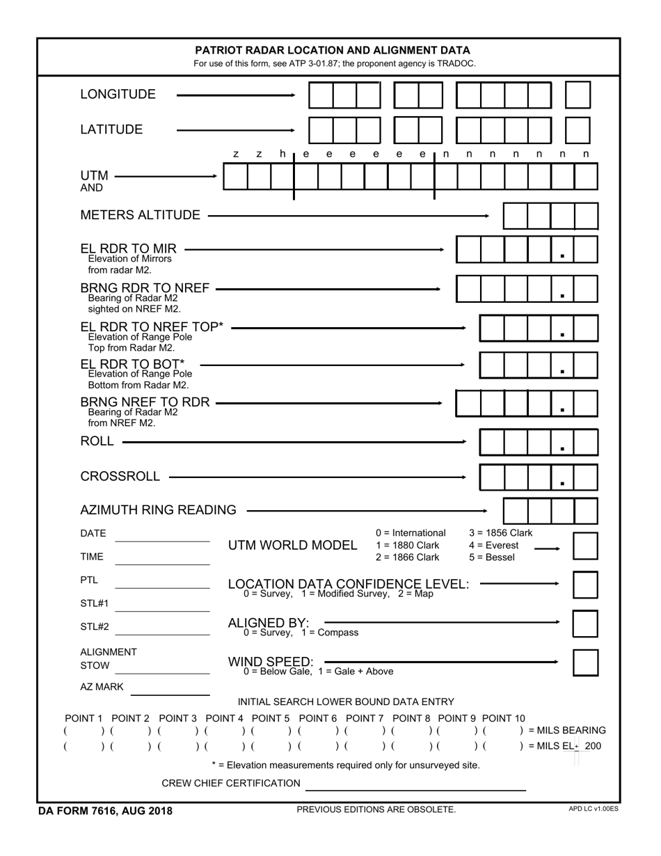 DA Form 7616 Patriot Radar Location and Alignment Data, Page 1