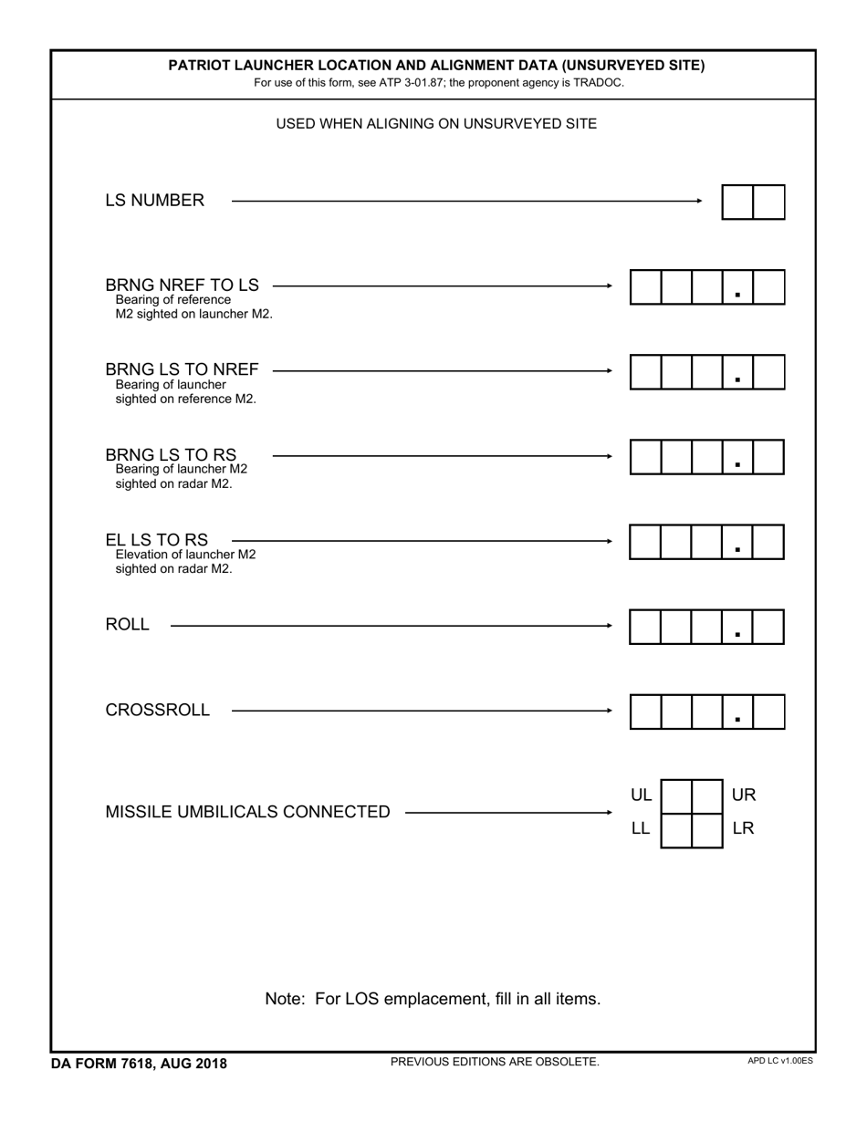 DA Form 7618 Download Fillable PDF or Fill Online Patriot Launcher Location and Alignment Data (Unsurveyed Site) | Templateroller