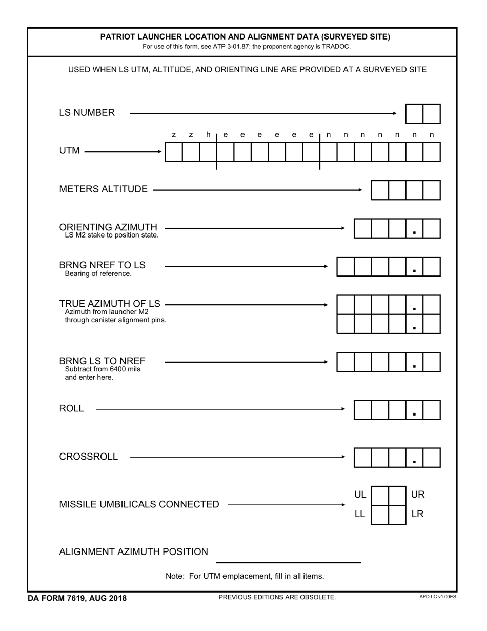 DA Form 7619 Patriot Launcher Location and Alignment Data (Surveyed Site), Page 1