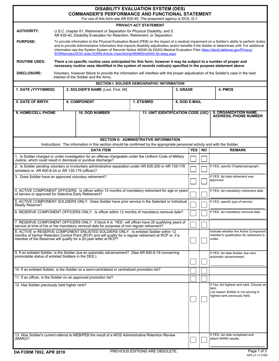 DA Form 7652 Download Fillable PDF or Fill Online Disability Evaluation ...