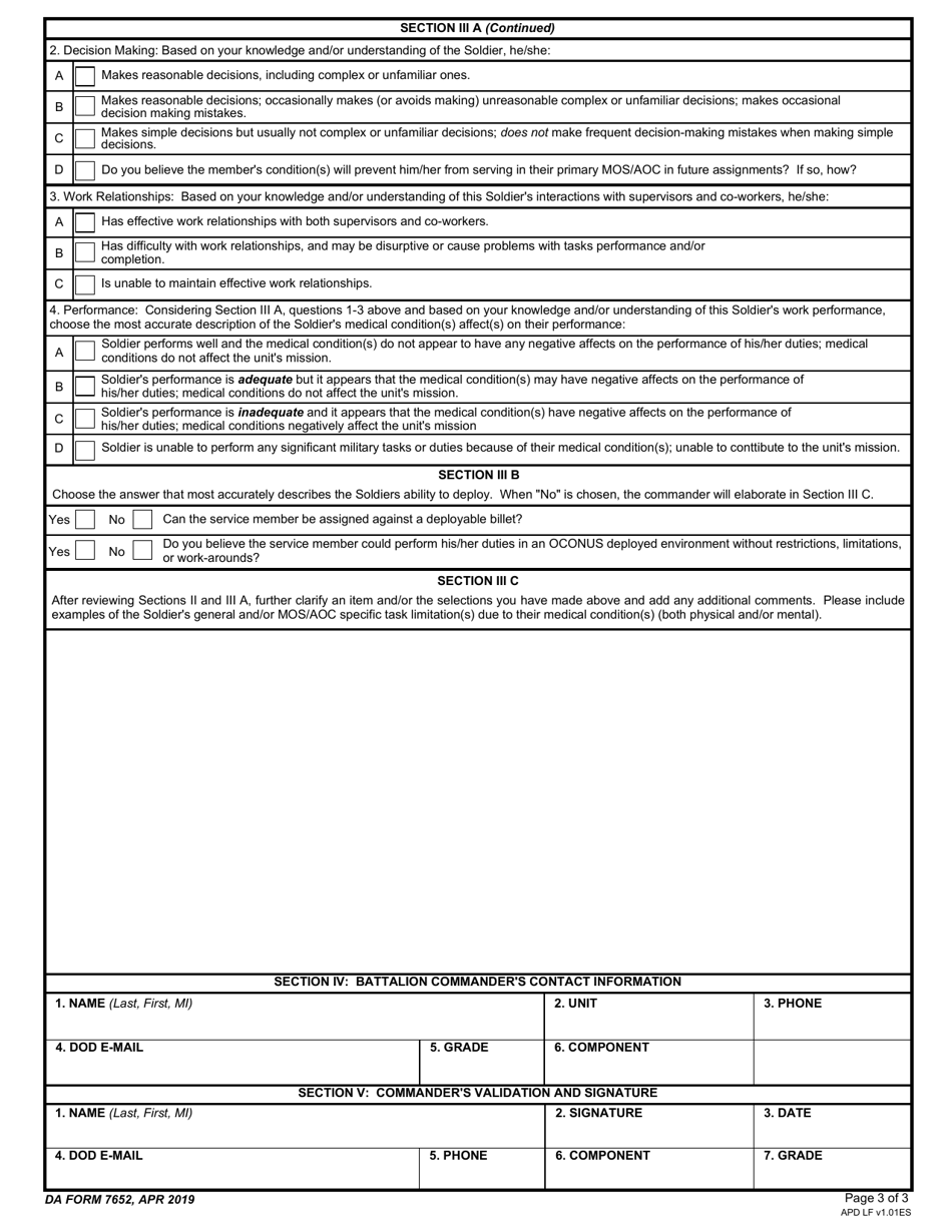 DA Form 7652 Disability Evaluation System (DES) Commanders Performance and Functional Statement, Page 3