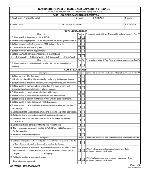 DA Form 7696 Commander's Performance and Capability Checklist