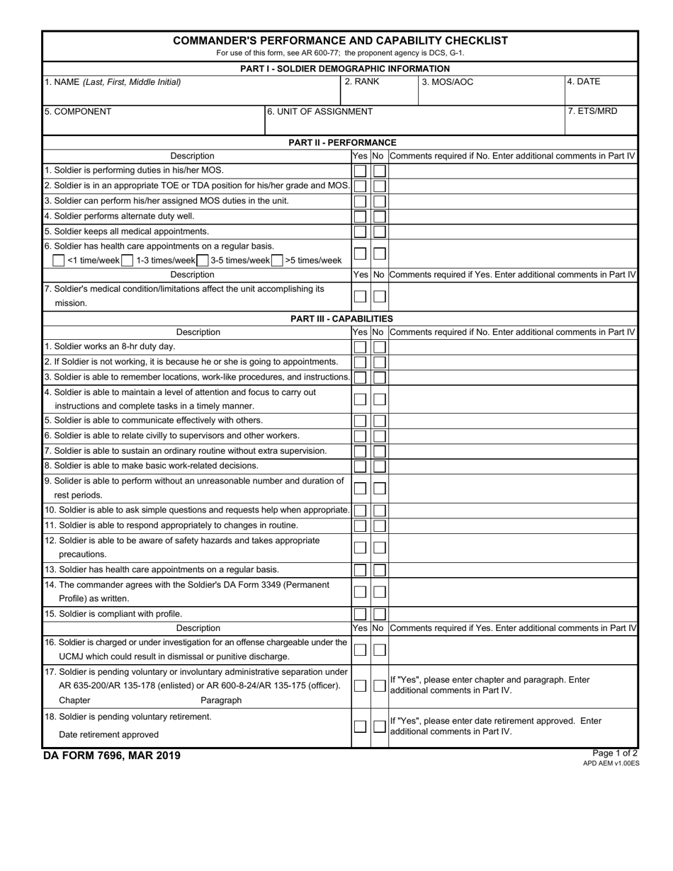DA Form 7696 Commanders Performance and Capability Checklist, Page 1