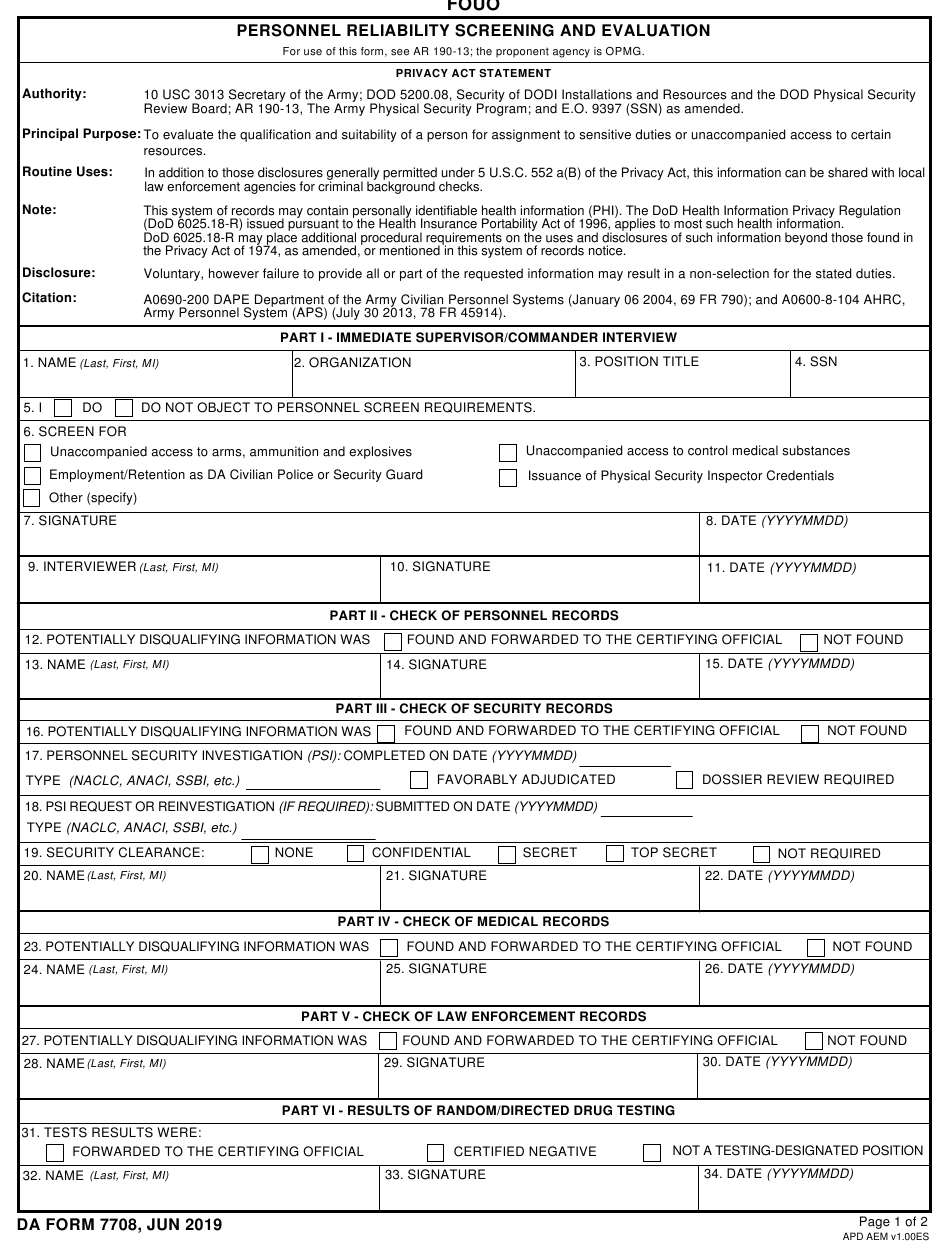 DA Form 7708 Download Fillable PDF or Fill Online Personnel Reliability ...