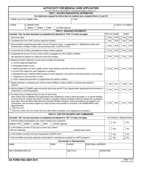 DA Form 7692 Active Duty for Medical Care Application