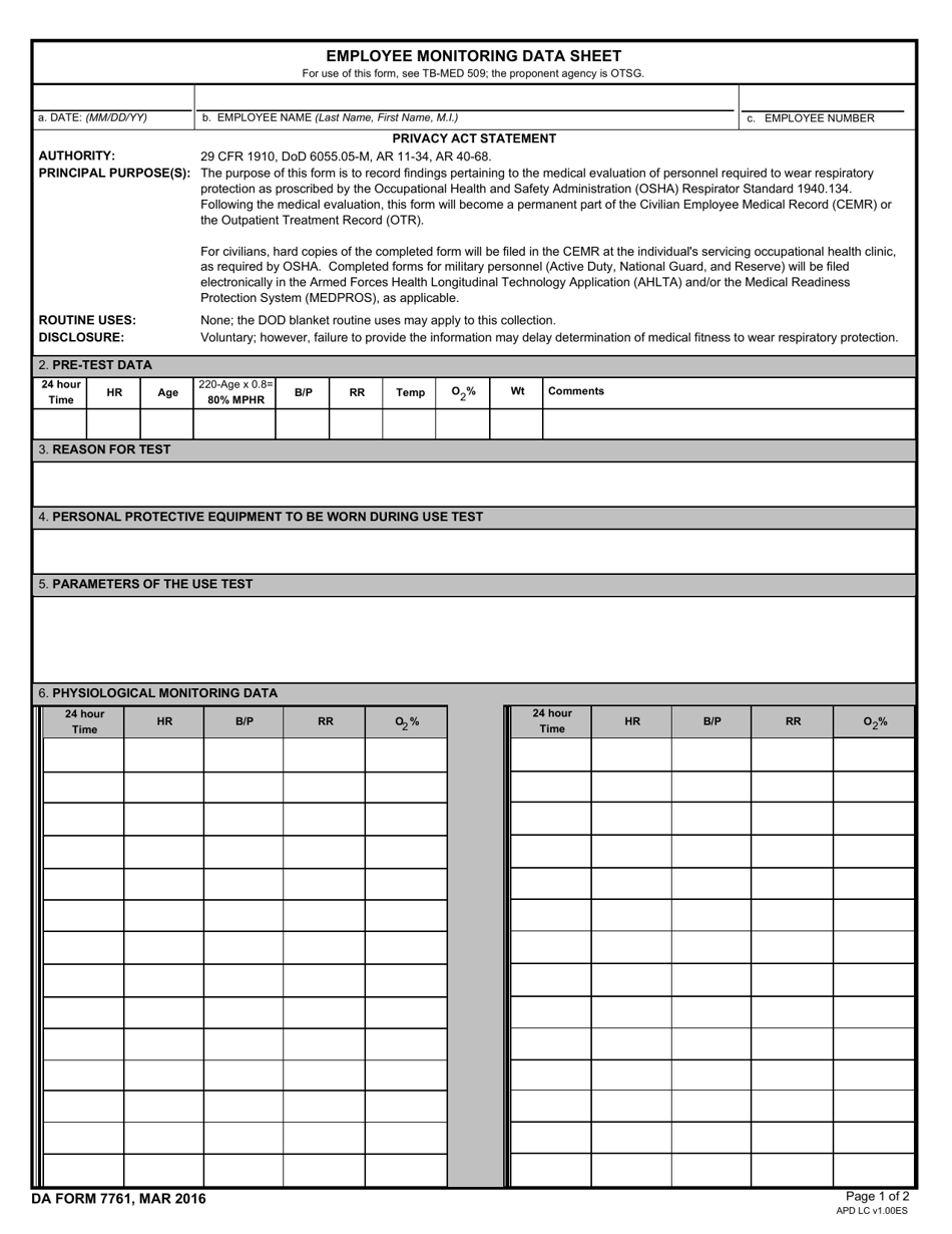 DA Form 7761 Employee Monitoring Data Sheet, Page 1