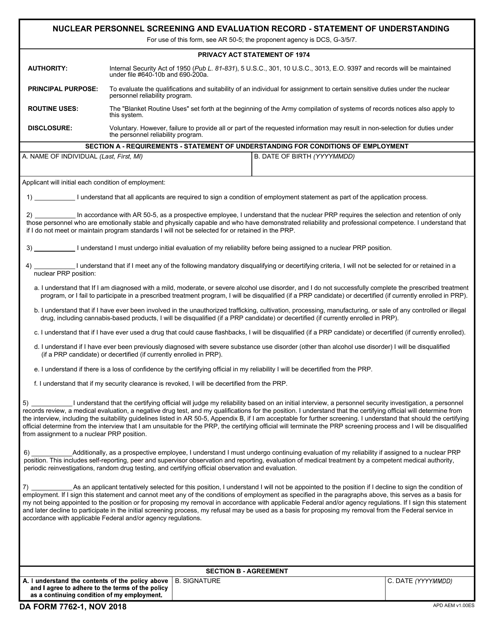 DA Form 7762-1 Nuclear Personnel Screening and Evaluation Record - Statement of Understanding