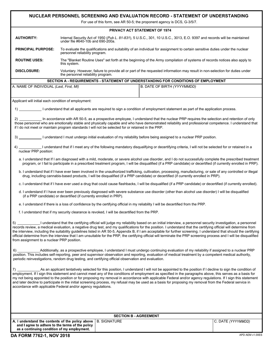 DA Form 7762-1 Nuclear Personnel Screening and Evaluation Record - Statement of Understanding, Page 1
