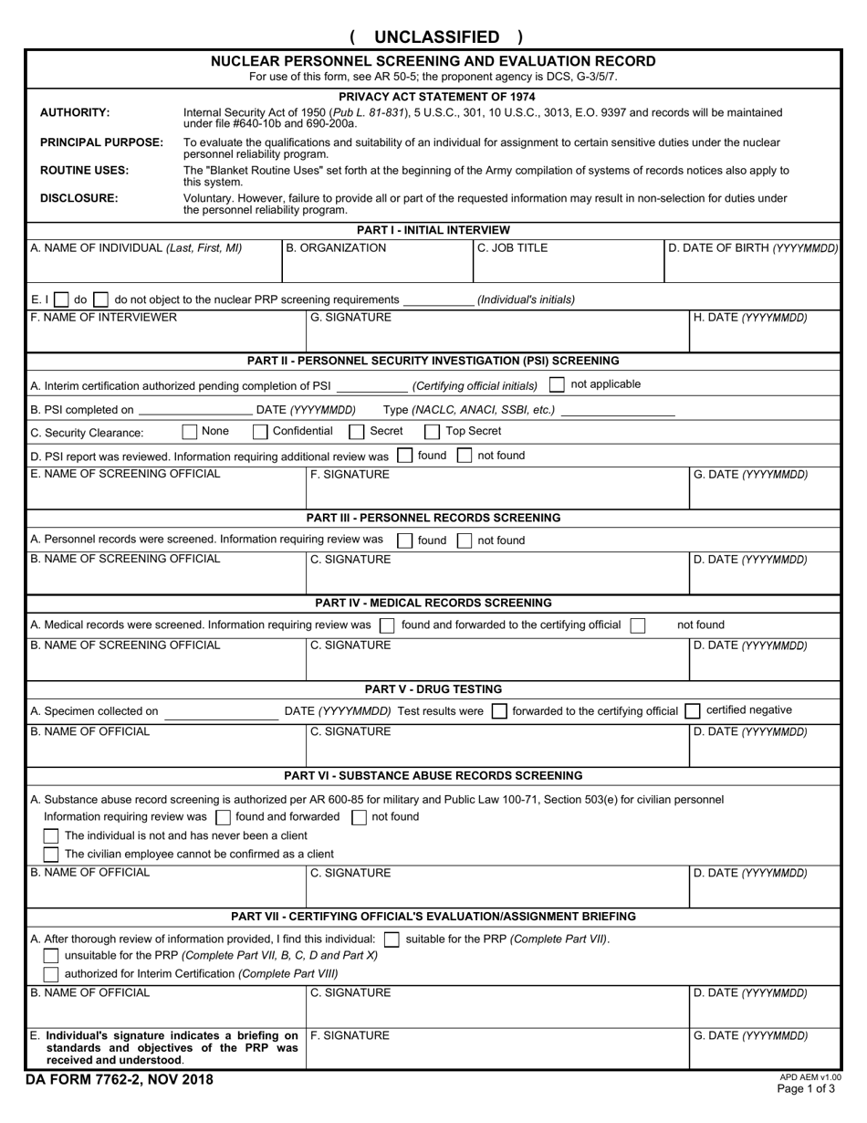 DA Form 7762-2 Nuclear Personnel Screening and Evaluation Record, Page 1