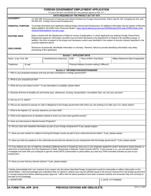 DA Form 7769 Foreign Government Employment Application