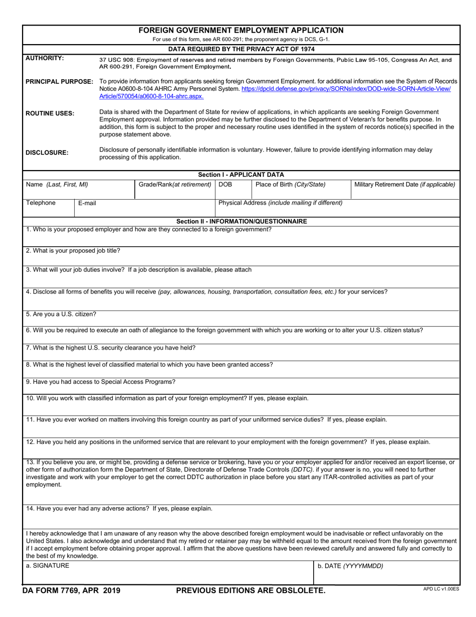 DA Form 7769 Foreign Government Employment Application, Page 1