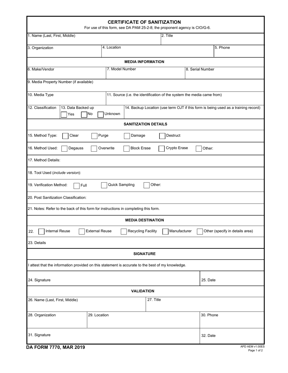 DA Form 7770 Certificate of Sanitization, Page 1