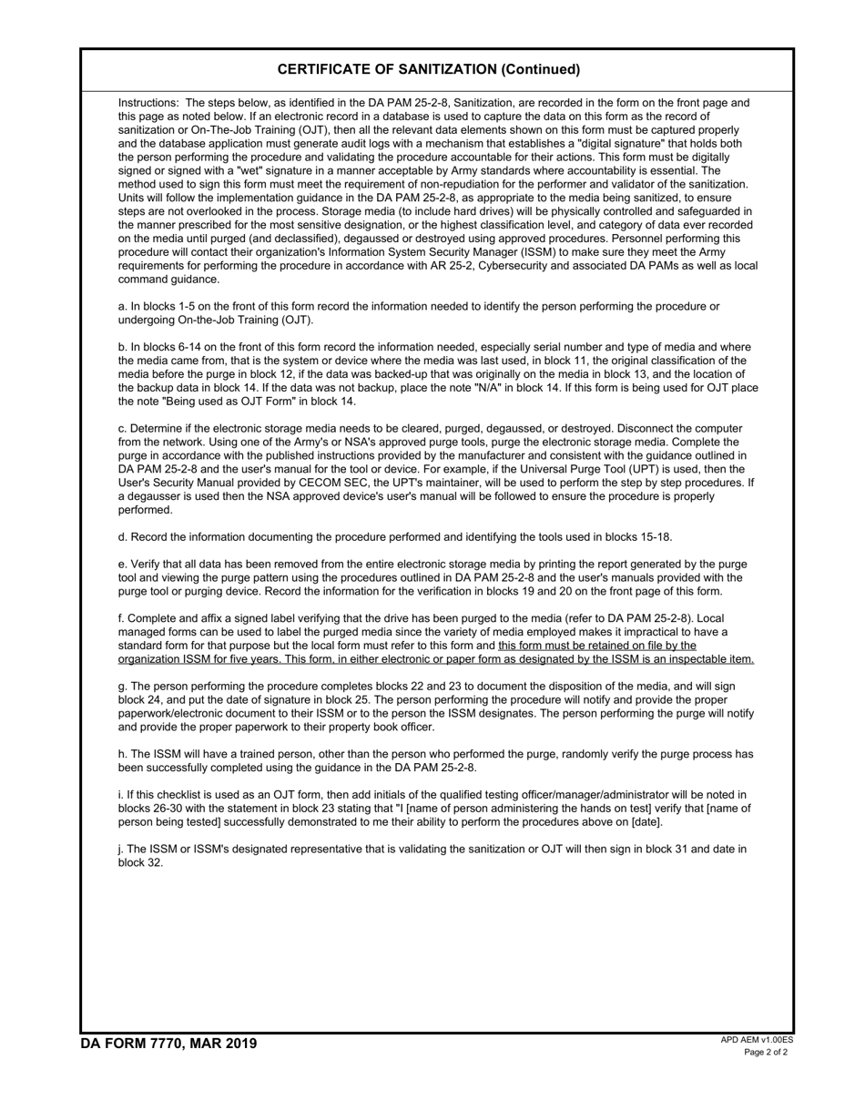 DA Form 7770 Certificate of Sanitization, Page 2