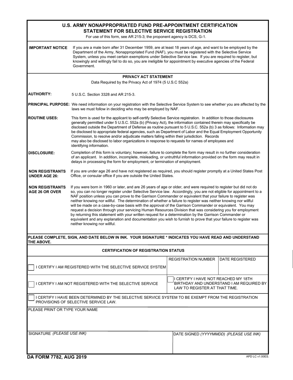 DA Form 7782 U.S. Army Nonappropriated Fund Pre-appointment Certification Statement for Selective Service Registration, Page 1