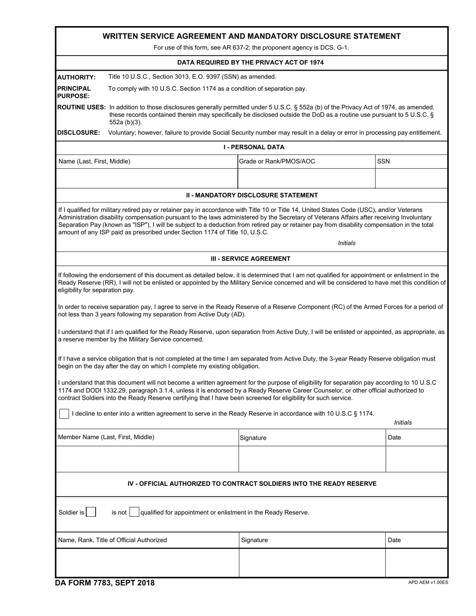 DA Form 7783 Written Service Agreement and Mandatory Disclosure Statement, Page 1