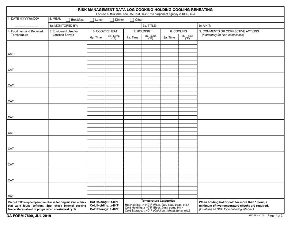 DA Form 7800 Risk Management Data Log Cooking-Holding-Cooling-Reheating, Page 1