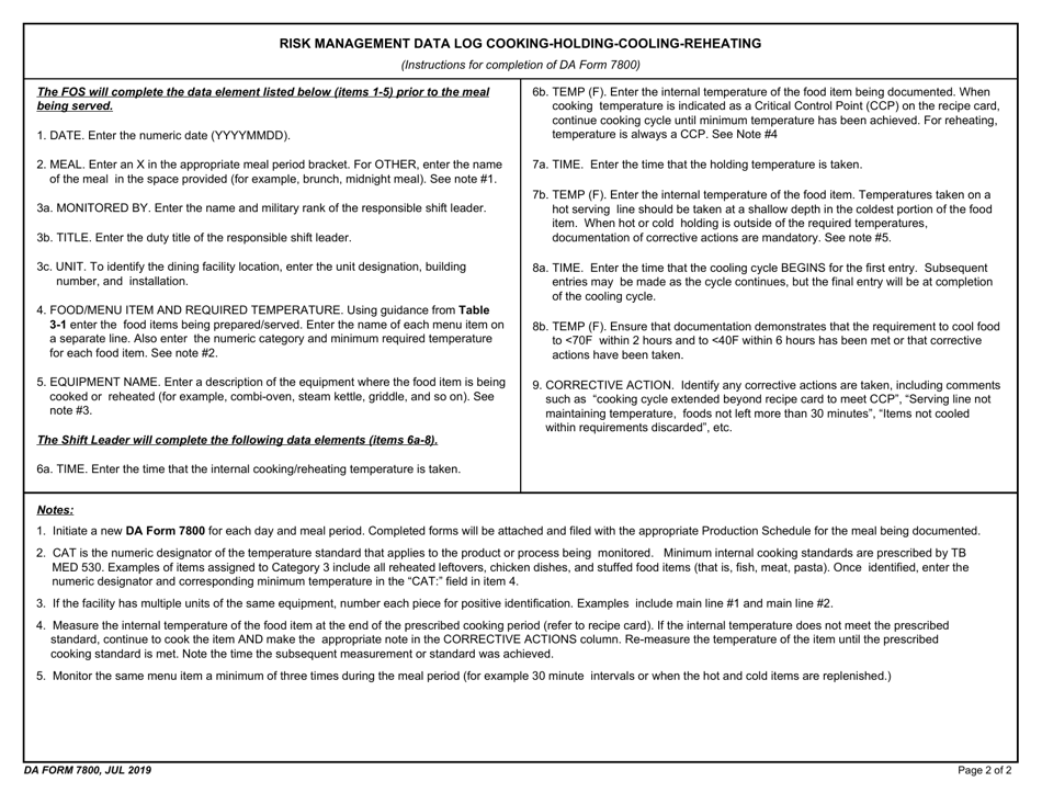DA Form 7800 Risk Management Data Log Cooking-Holding-Cooling-Reheating, Page 2