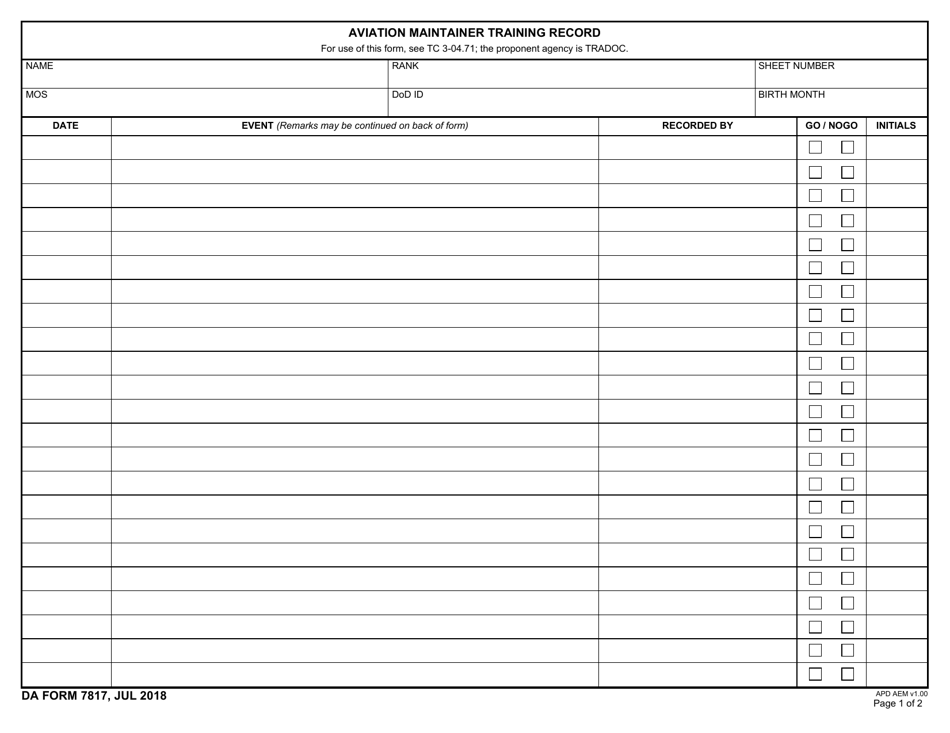 DA Form 7817 Aviation Maintainer Training Record, Page 1