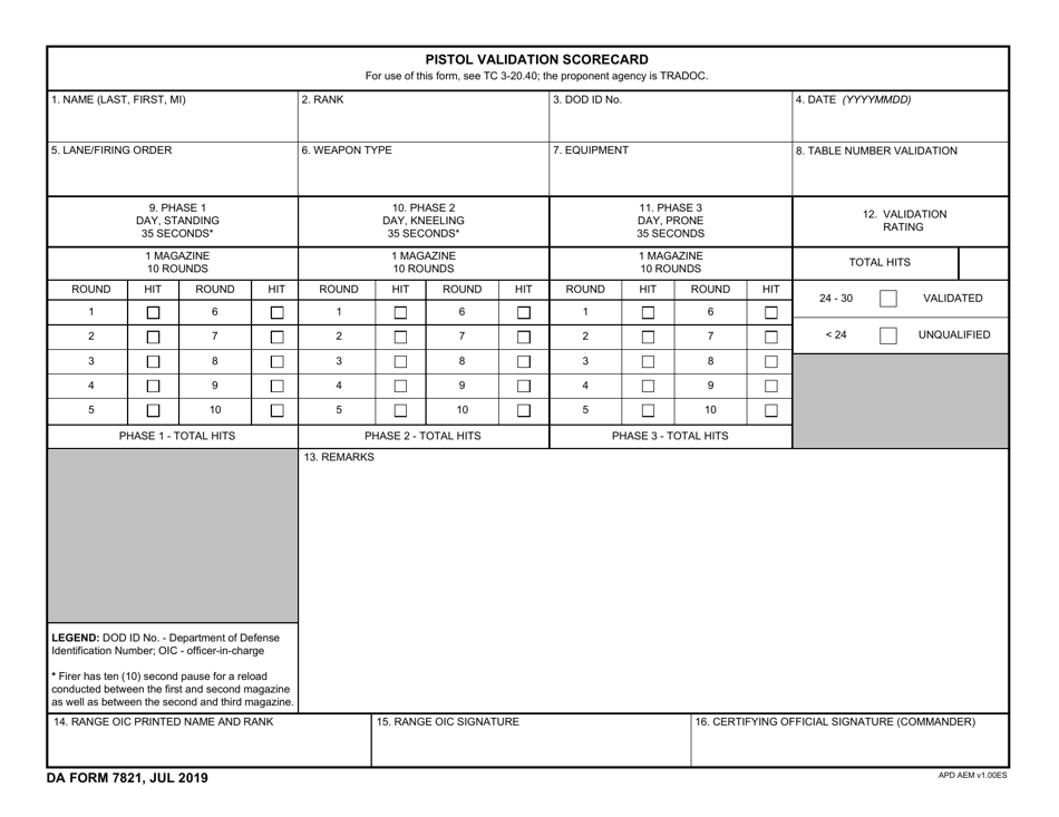 DA Form 7821 Pistol Validation Scorecard, Page 1