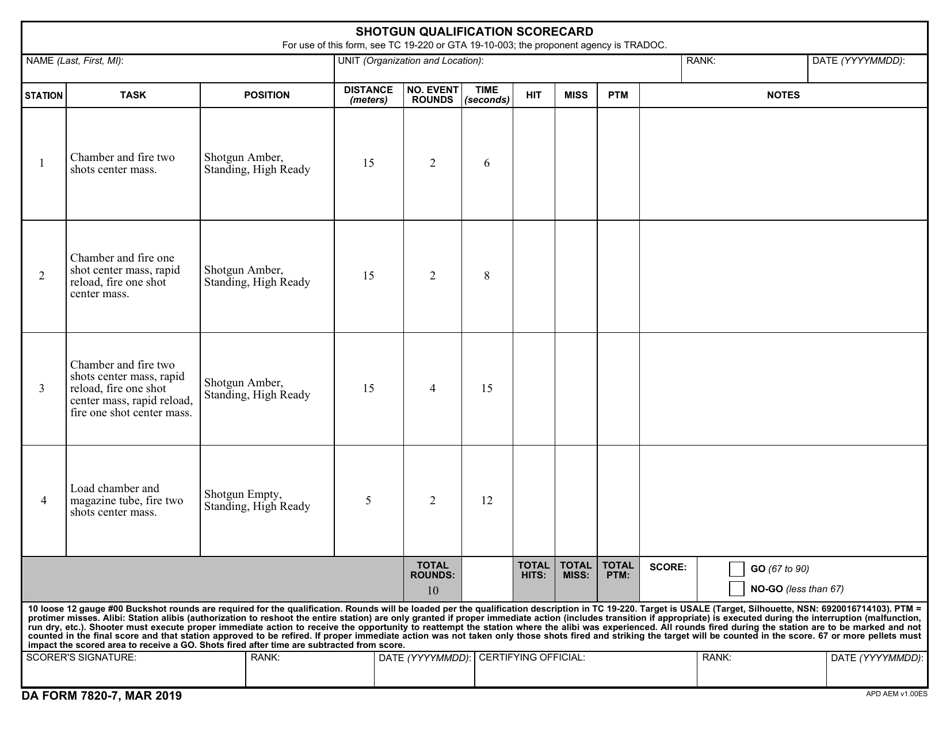 DA Form 7820-7 Shotgun Qualification Scorecard, Page 1