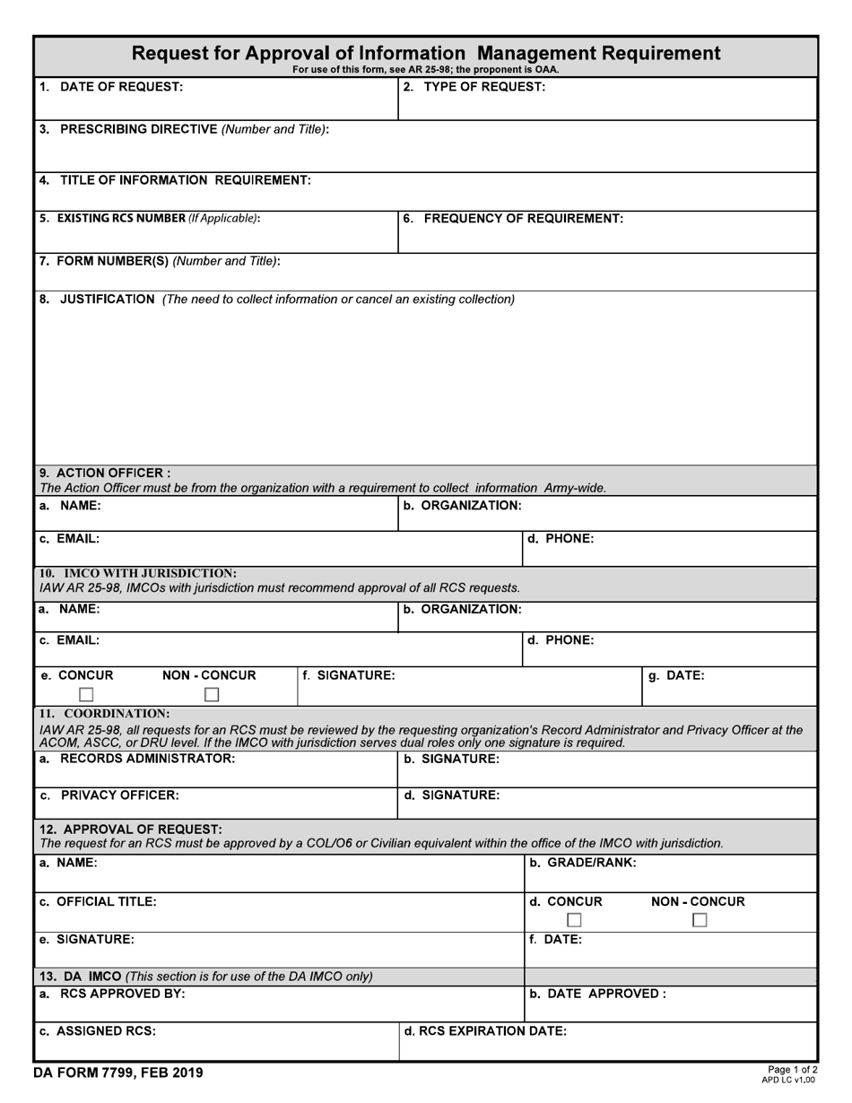 DA Form 7799 Request for Approval of Information Management Requirement, Page 1