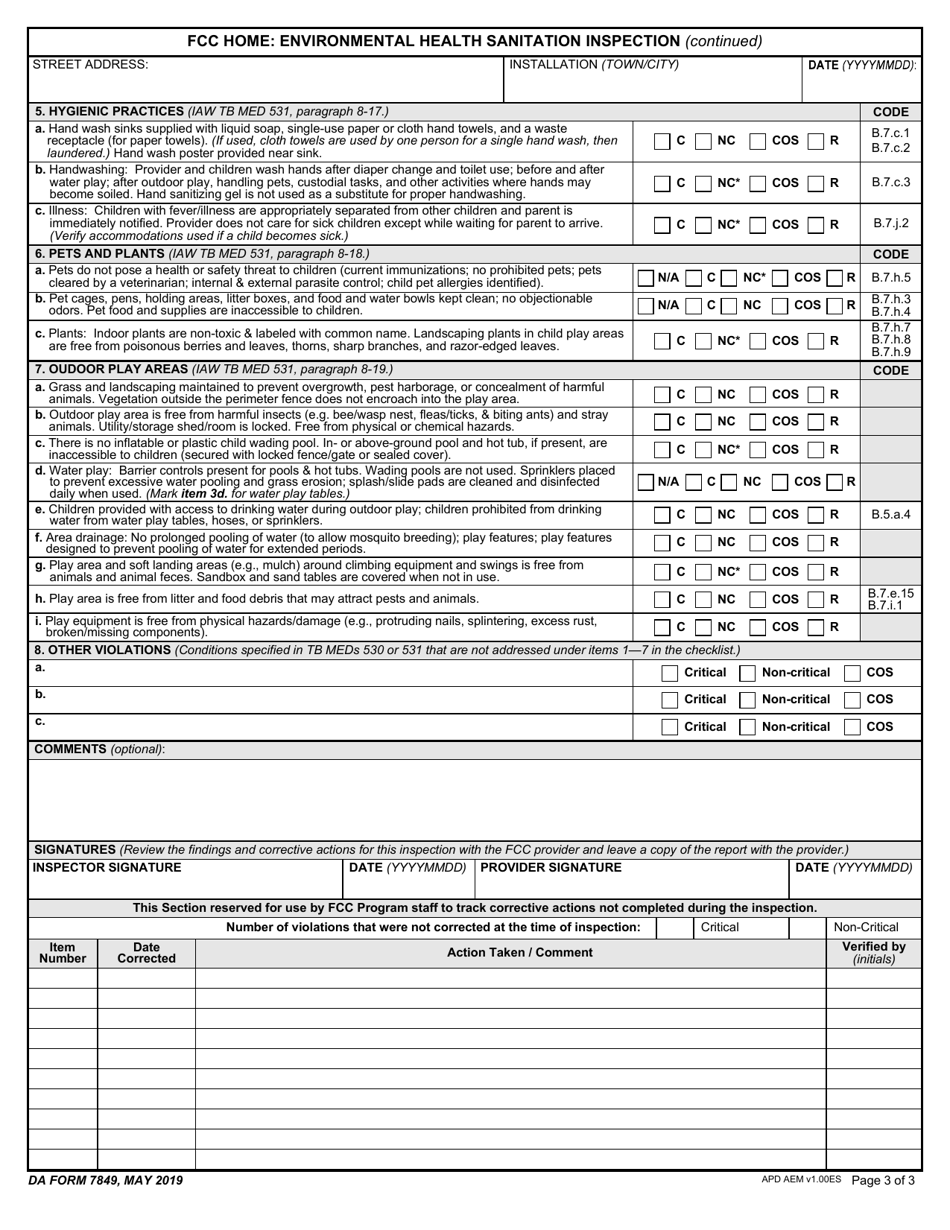DA Form 7849 FCC Home: Environmental Health Sanitation Inspection, Page 3