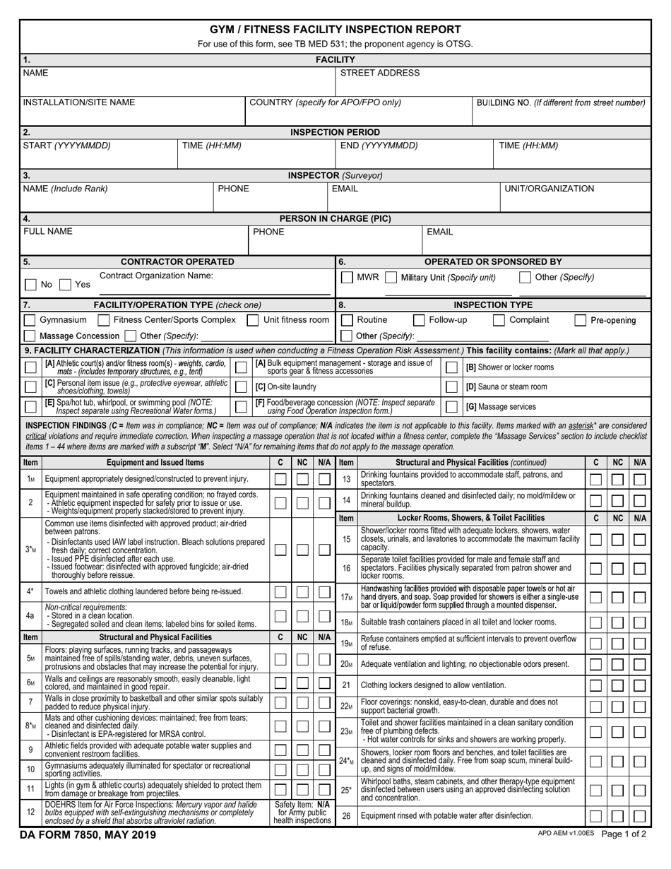 DA Form 7850 Gym / Fitness Facility Inspection Report, Page 1