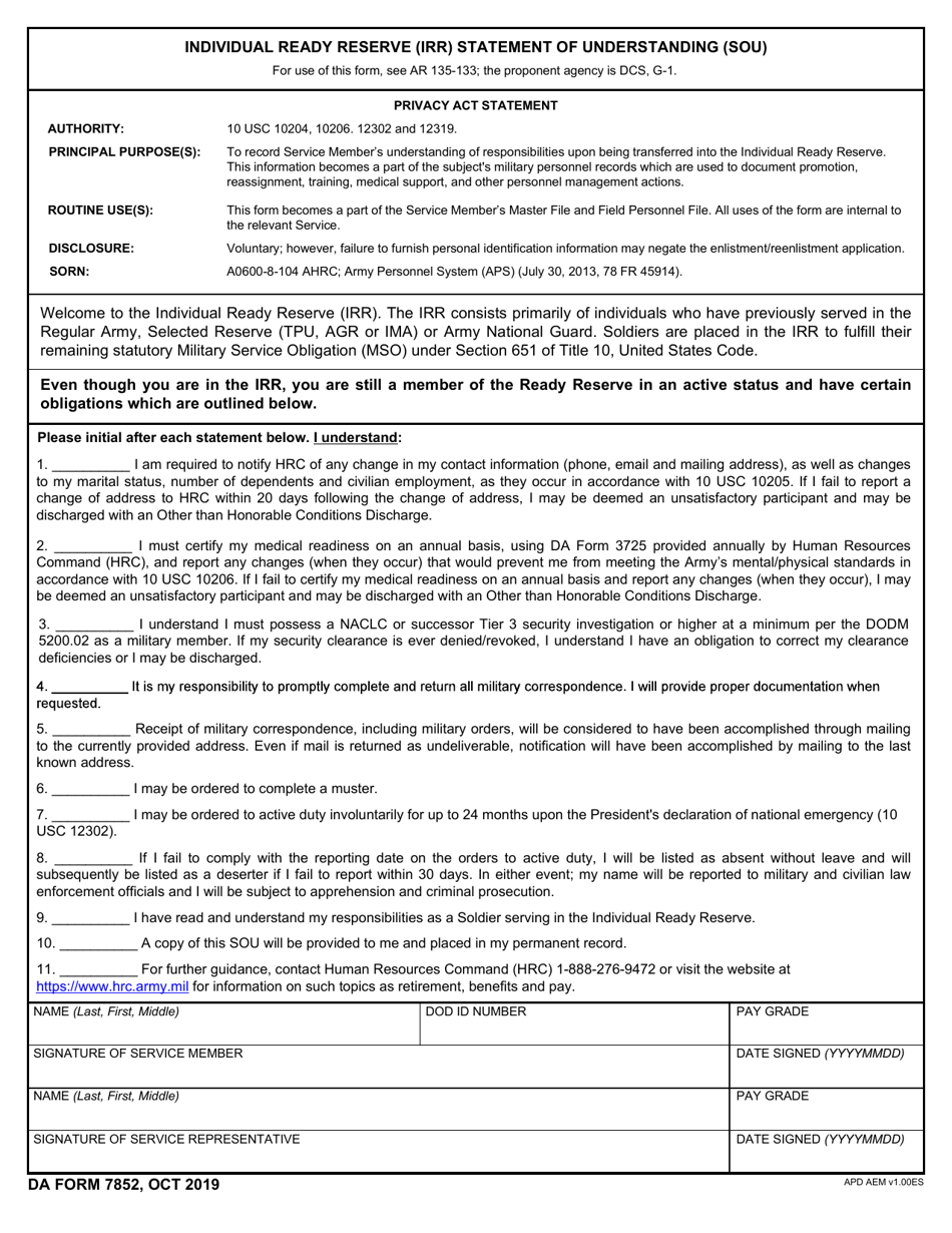 DA Form 7852 Individual Ready Reserve (Irr) Statement of Understanding (Sou), Page 1