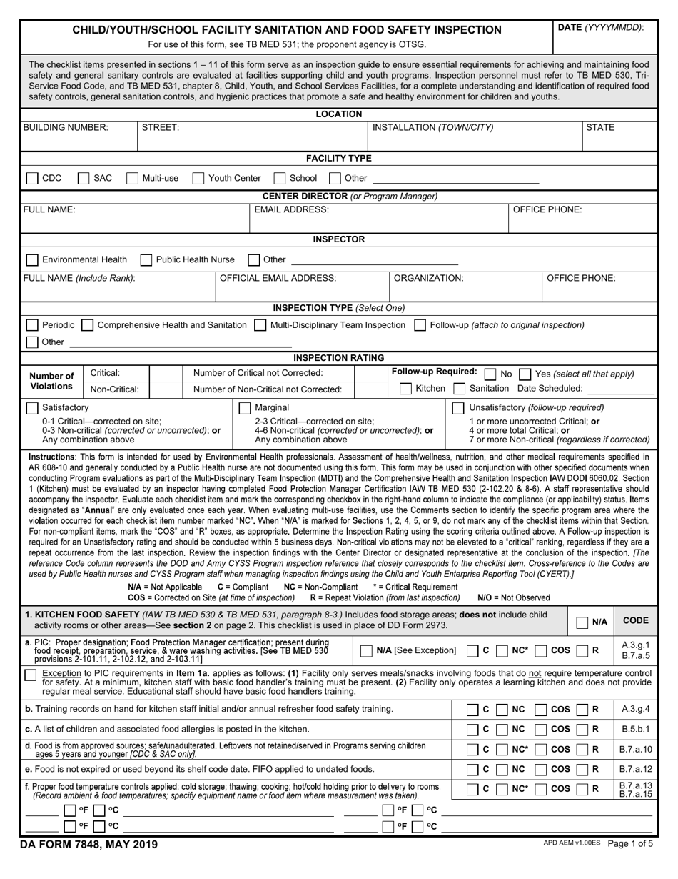 DA Form 7848 Child / Youth / School Facility Sanitation and Food Safety Inspection, Page 1