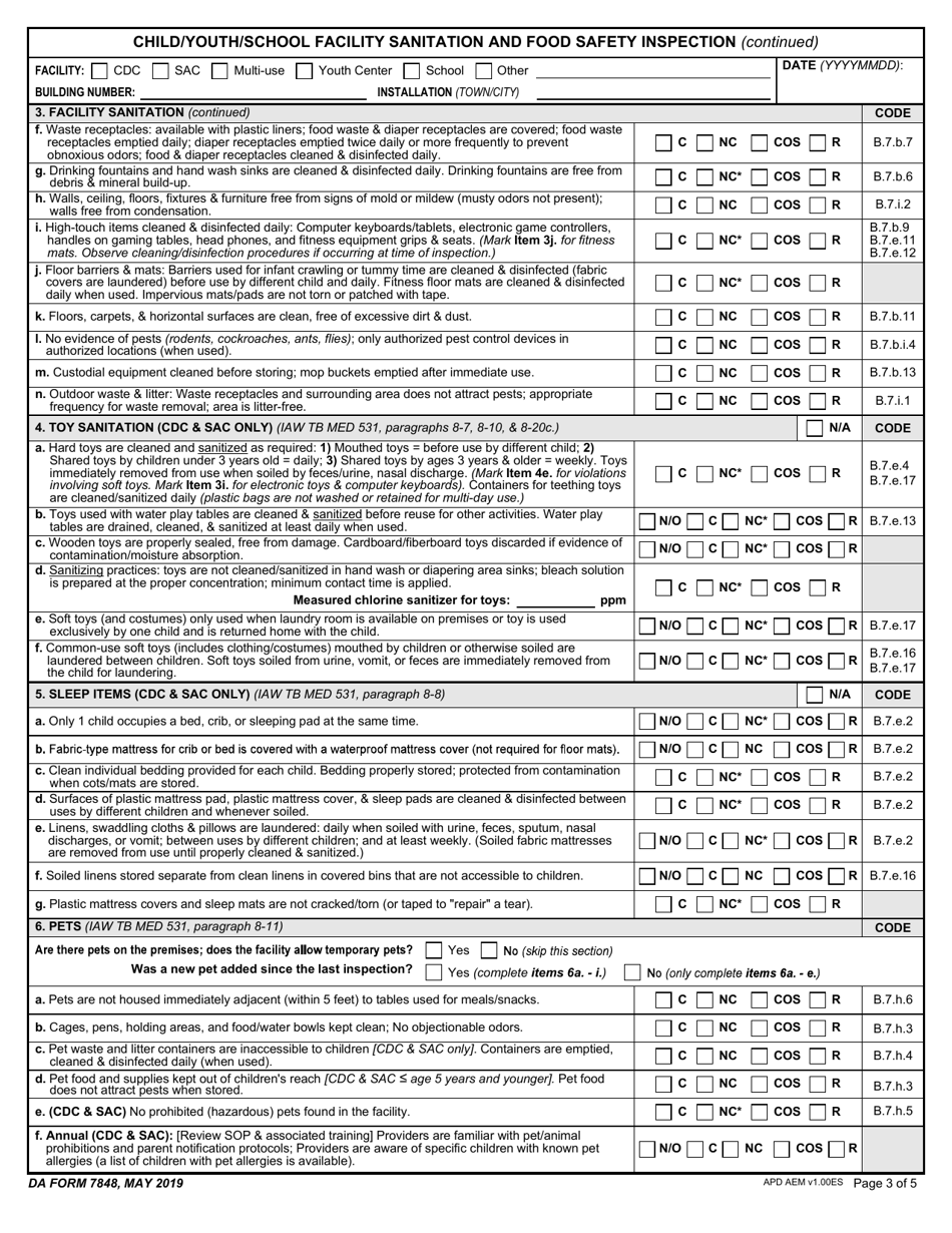 DA Form 7848 Child / Youth / School Facility Sanitation and Food Safety Inspection, Page 3