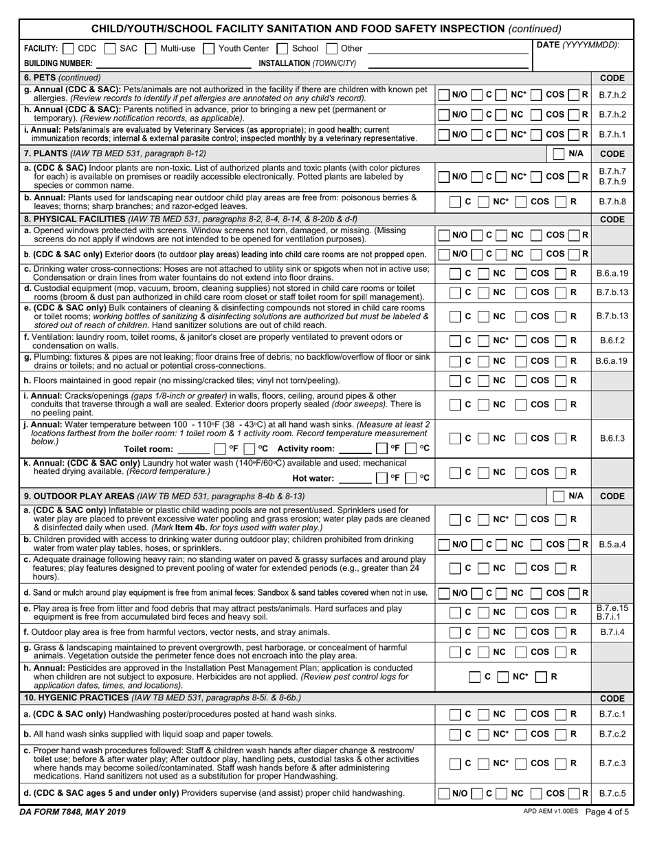 DA Form 7848 Child / Youth / School Facility Sanitation and Food Safety Inspection, Page 4