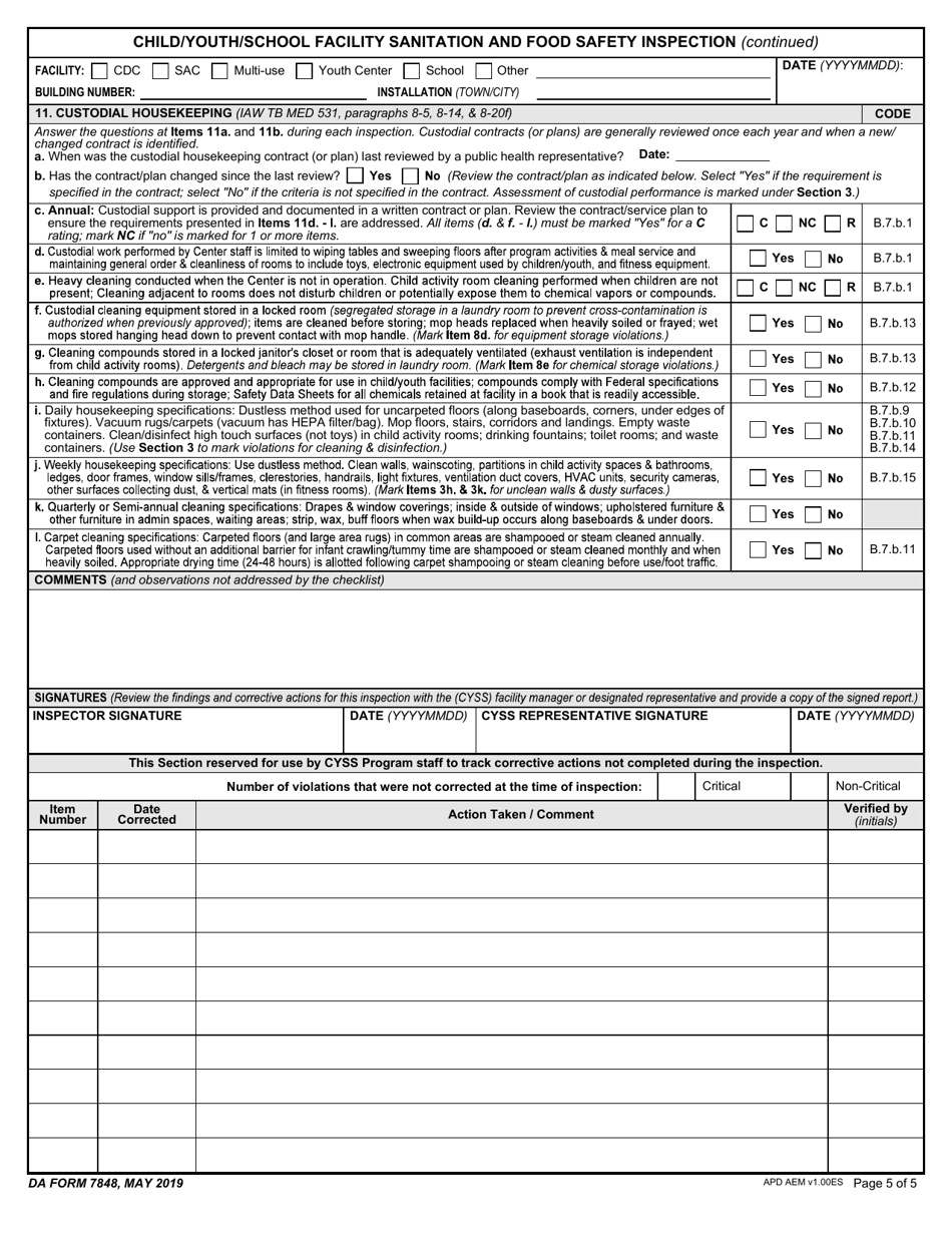 DA Form 7848 Child / Youth / School Facility Sanitation and Food Safety Inspection, Page 5