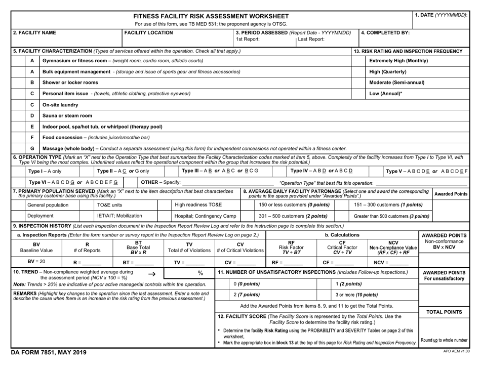 DA Form 7851 Fitness Facility Risk Assessment Worksheet, Page 1