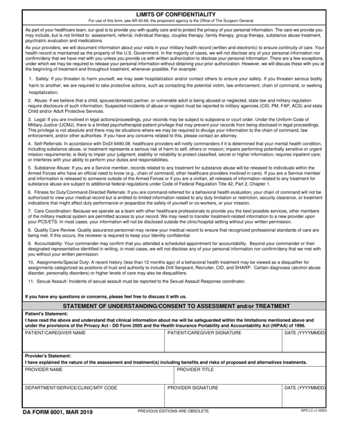 DA Form 8001 Limits of Confidentiality