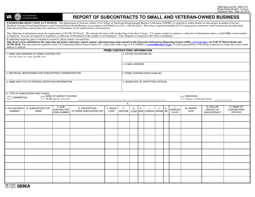 VA Form 0896A Report of Subcontracts to Small and Veteran-Owned Business