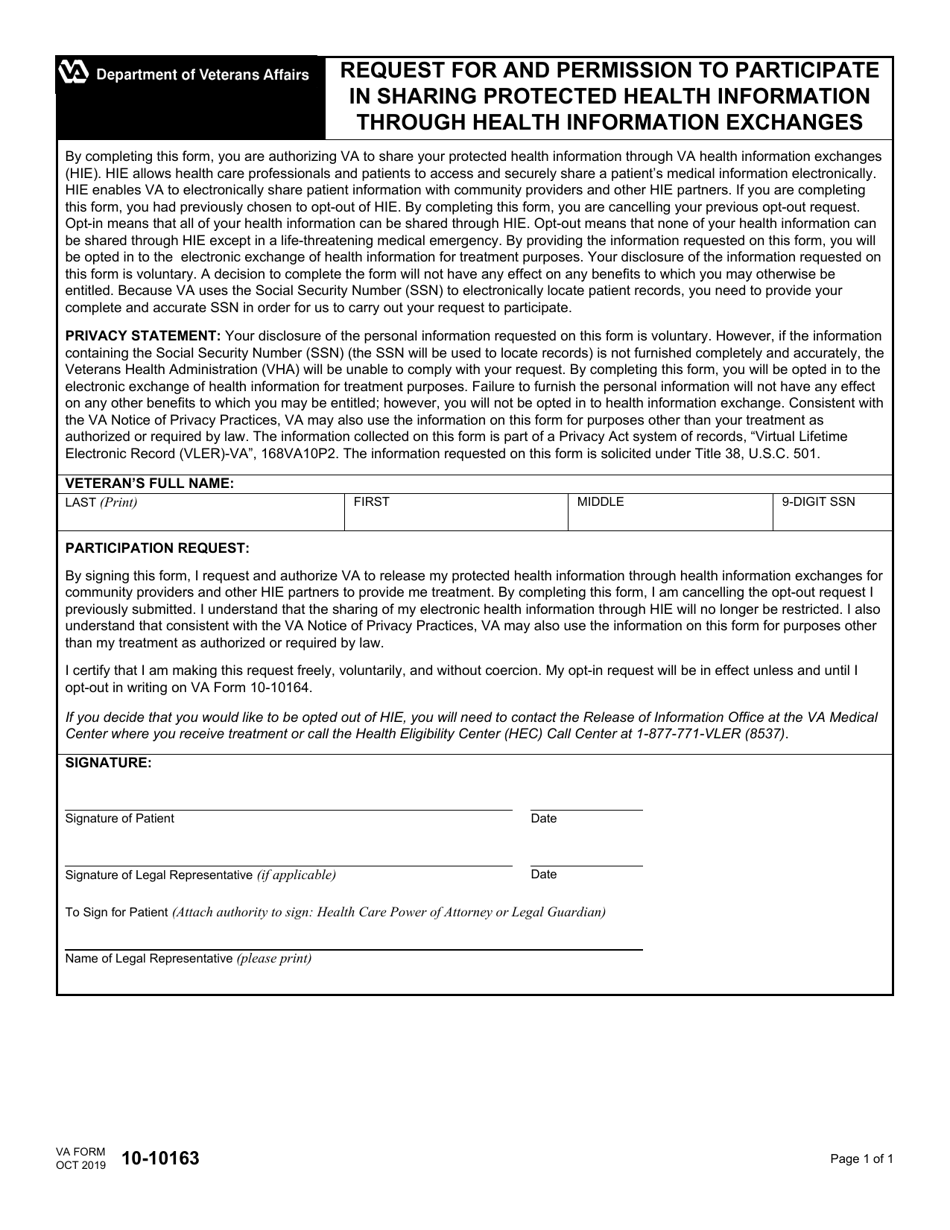 VA Form 10-10163 Request for and Permission to Participate in Sharing Protected Health Information Through Health Information Exchanges, Page 1