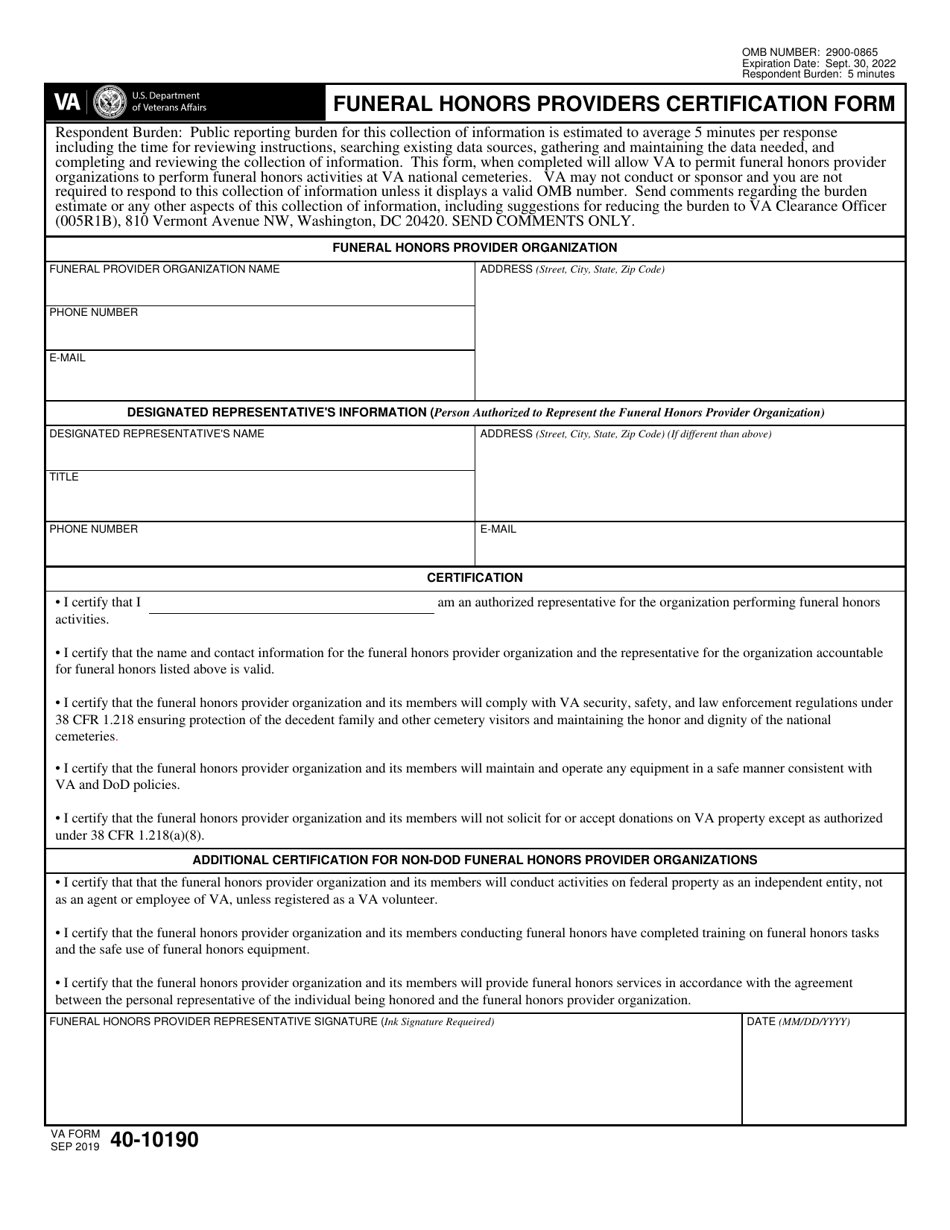 VA Form 40-10190 Funeral Honors Providers Certification Form, Page 1