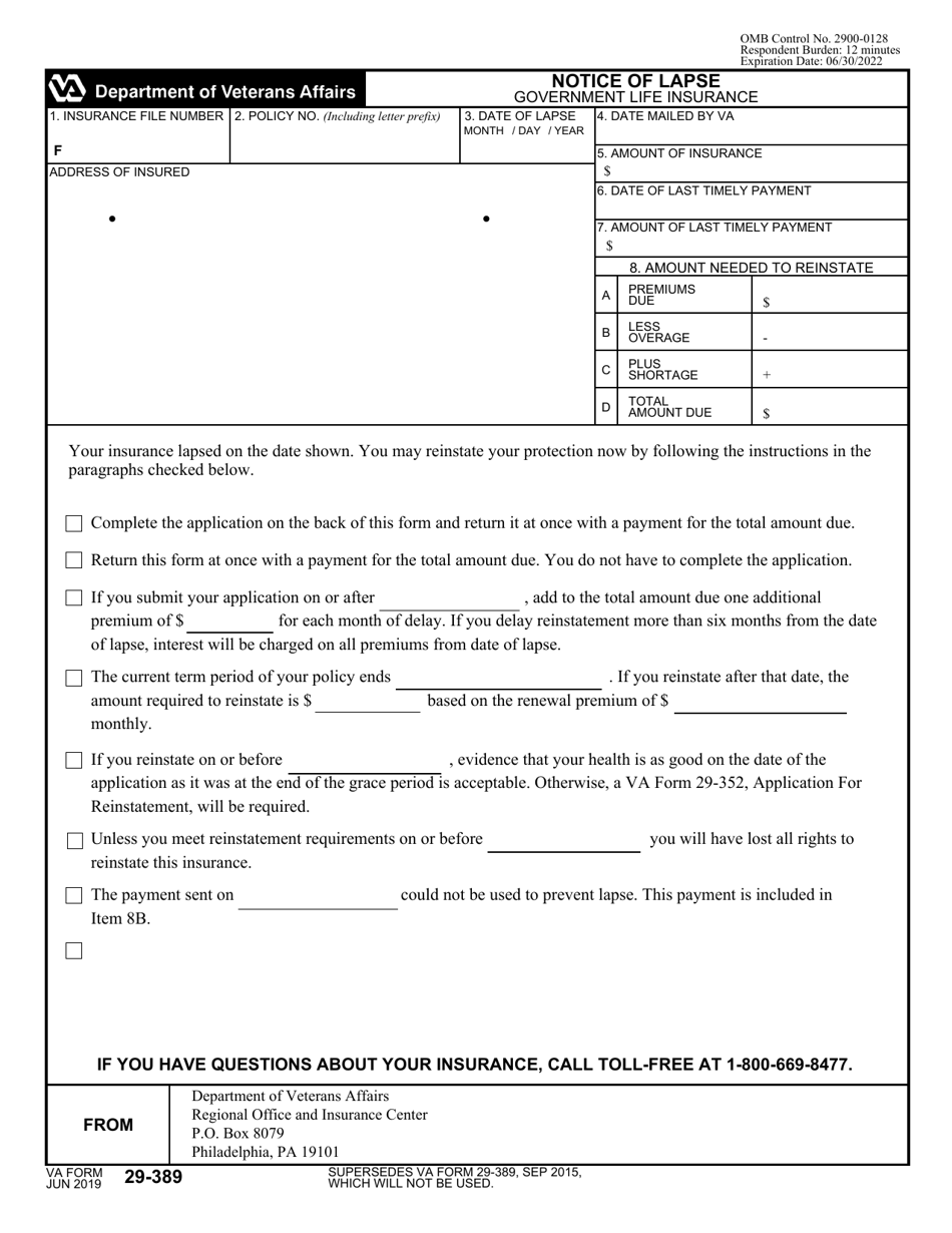 VA Form 29-389 Notice of Lapse and Application for Reinstatement, Page 1