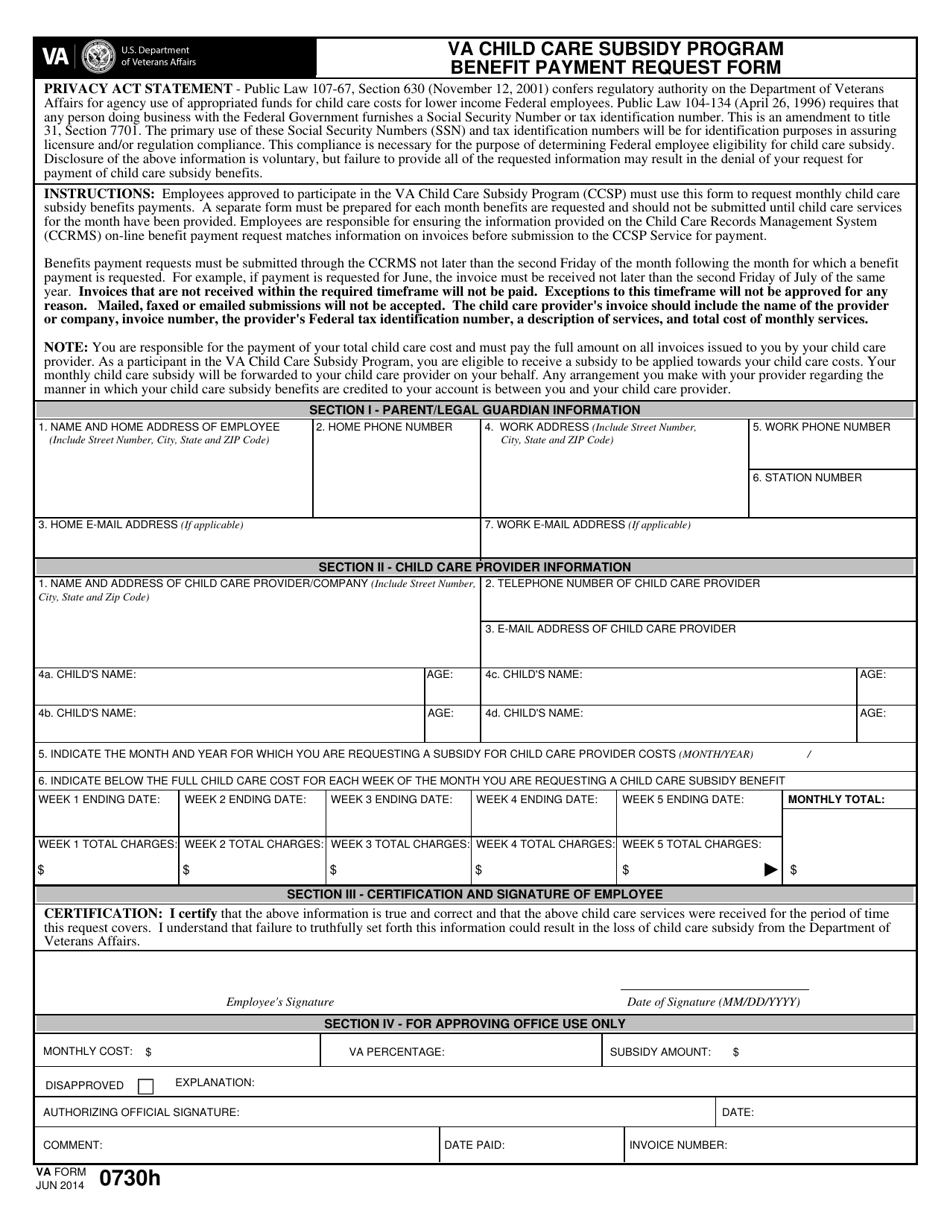 VA Form 0730H VA Child Care Subsidy Program Benefit Payment Request Form, Page 1