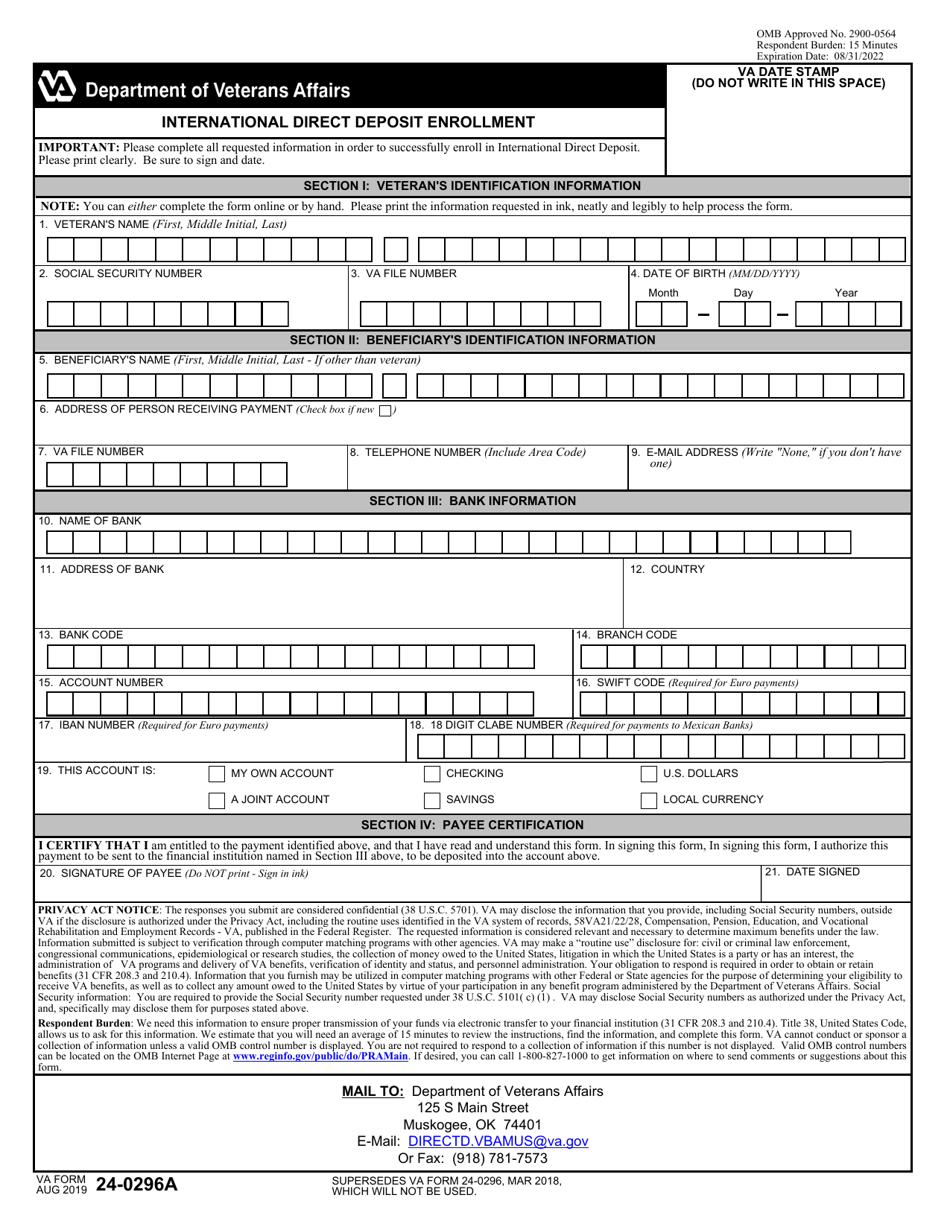 VA Form 24-0296A International Direct Deposit Enrollment, Page 1