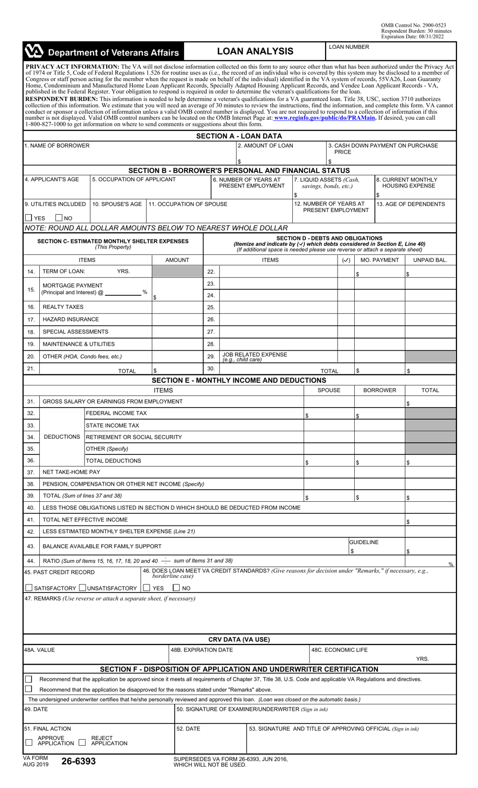 VA Form 26-6393 Loan Analysis, Page 1