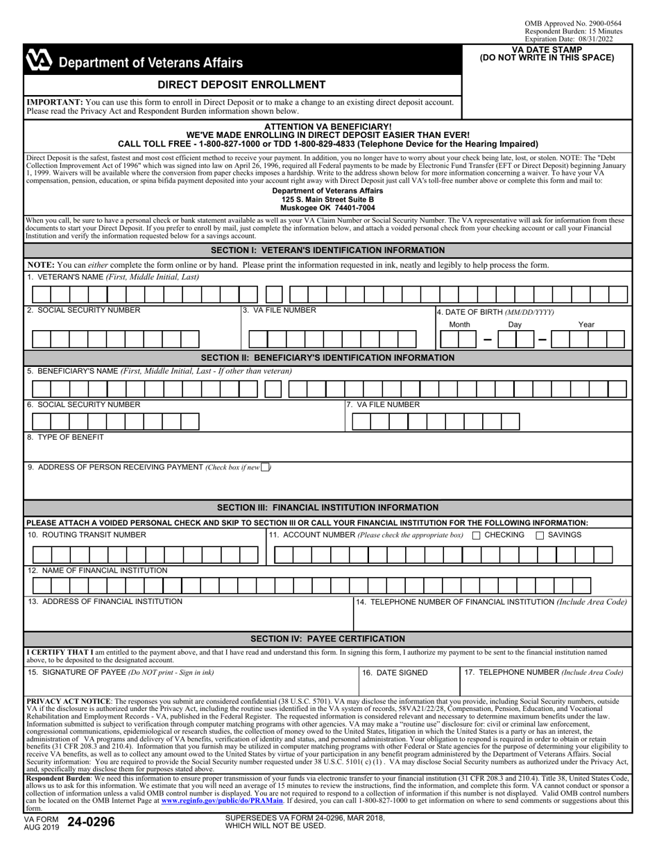 VA Form 24-0296 Direct Deposit Enrollment, Page 1