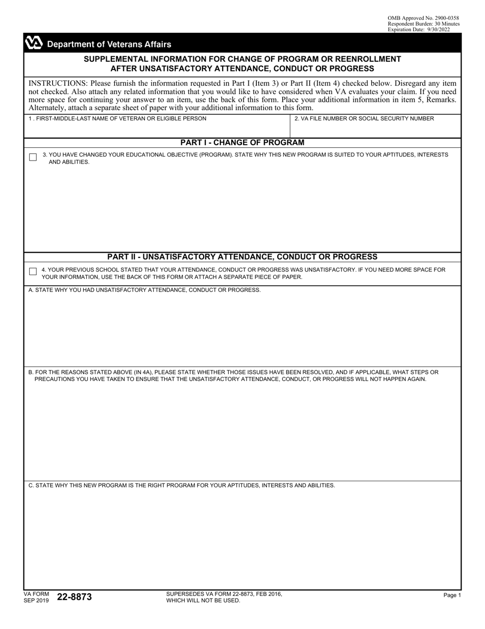 VA Form 22-8873 Supplemental Information for Change of Program or Reenrollment After Unsatisfactory Attendance, Conduct or Progress, Page 1