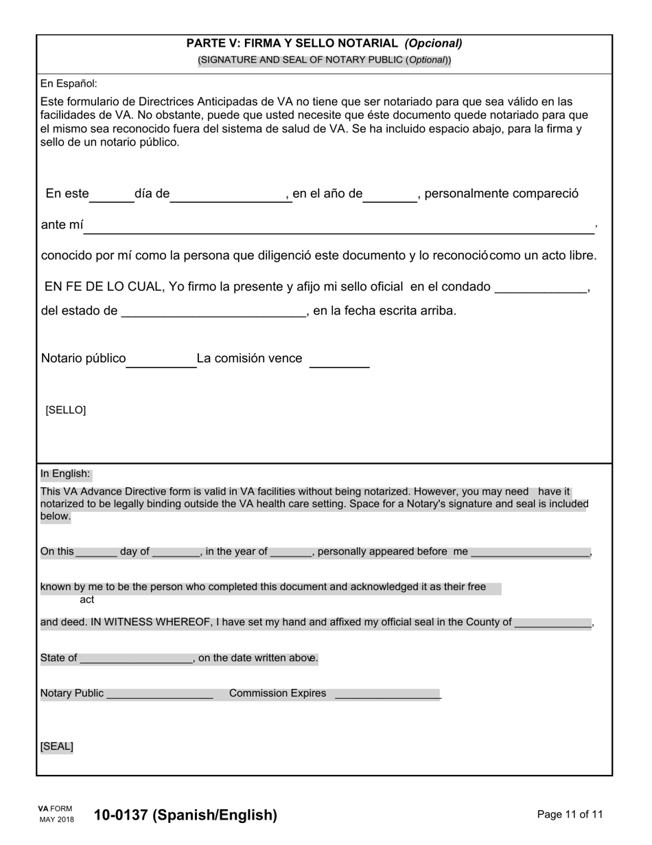VA Form 10-0137 Directrices Anticipadas De VA Poder Legal Para La Designacion De Agente Para El Cuidado De Salud Y Testamento En Vida (English / Spanish), Page 11