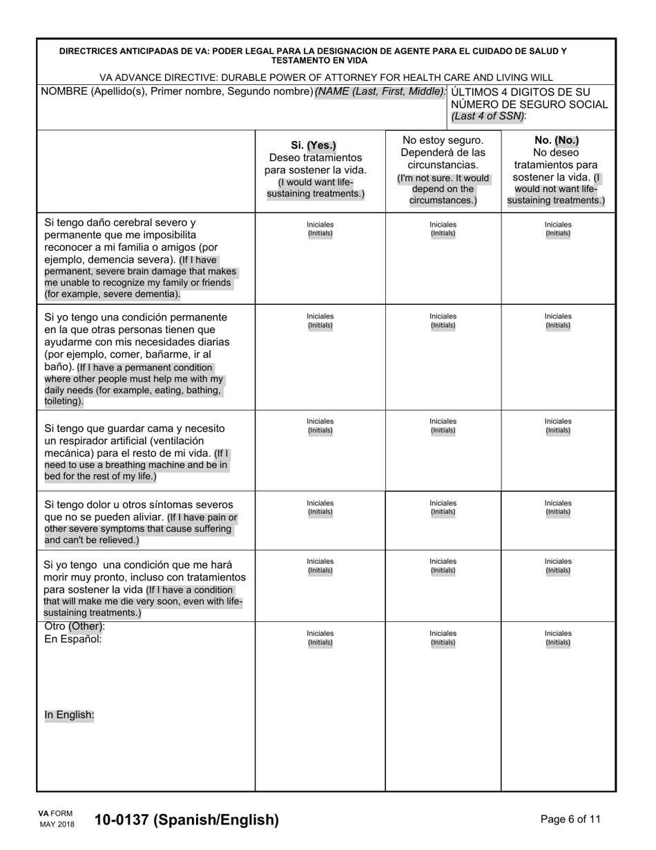 VA Form 10-0137 Directrices Anticipadas De VA Poder Legal Para La Designacion De Agente Para El Cuidado De Salud Y Testamento En Vida (English / Spanish), Page 6