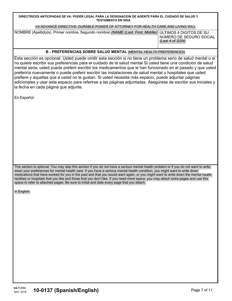 VA Form 10-0137 Directrices Anticipadas De VA Poder Legal Para La Designacion De Agente Para El Cuidado De Salud Y Testamento En Vida (English / Spanish), Page 7