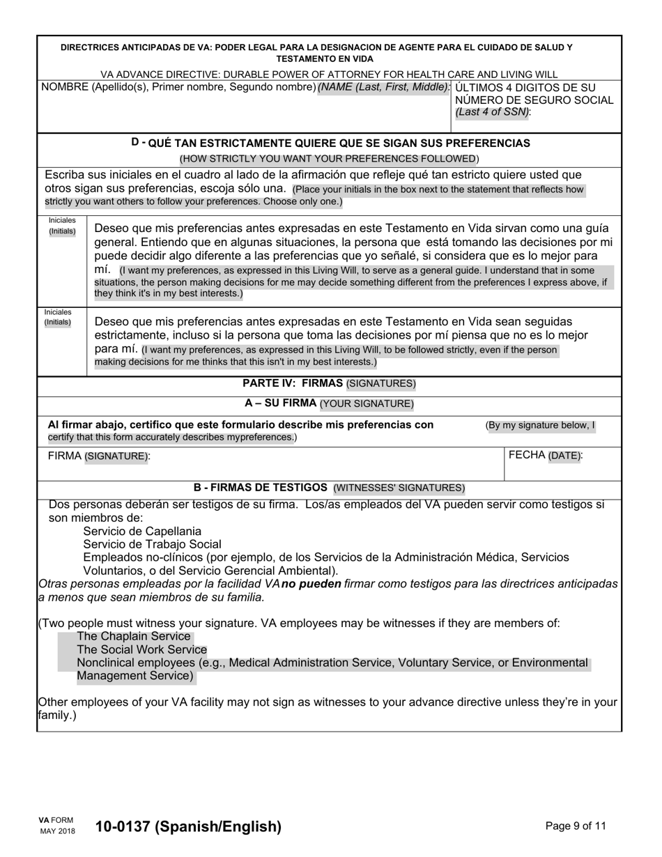 VA Form 10-0137 Directrices Anticipadas De VA Poder Legal Para La Designacion De Agente Para El Cuidado De Salud Y Testamento En Vida (English / Spanish), Page 9