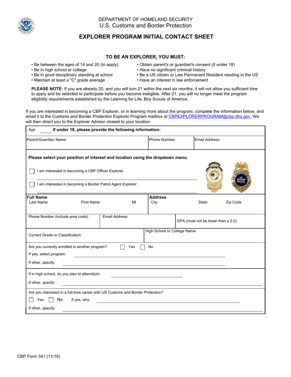 CBP Form 341 Explorer Program Initial Contact Sheet, Page 1