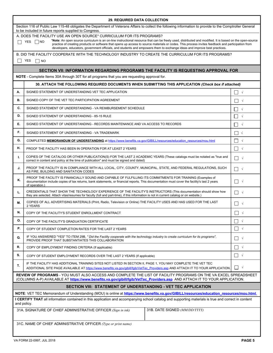 VA Form 22-0097 Application for Vet Tec Pilot Program (Training Provider), Page 5